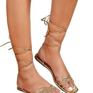Gorglitter Size 10.5 Gladiator Sandals Gold Lace Up Flat Thong Shoes Square Toe